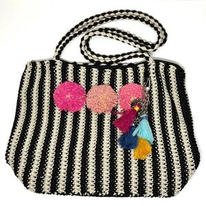 The Sak Striped Crochet Tote Bag Black Cream Pom Pom & Tassel Charm Boho Vacay